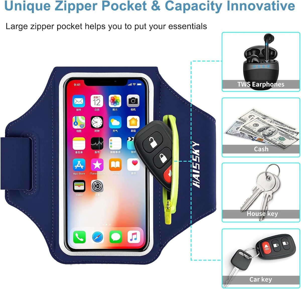 HAISSKY Cell Phone Running Armband with Earbuds Zipper Pocket Armband Case Running Holder for iPhone 15 Pro Max /14/13/ 12/11 Pro Max/XS/XR,Galaxy S20 S10,Sweatproof Arm Band with Card/Key Bag