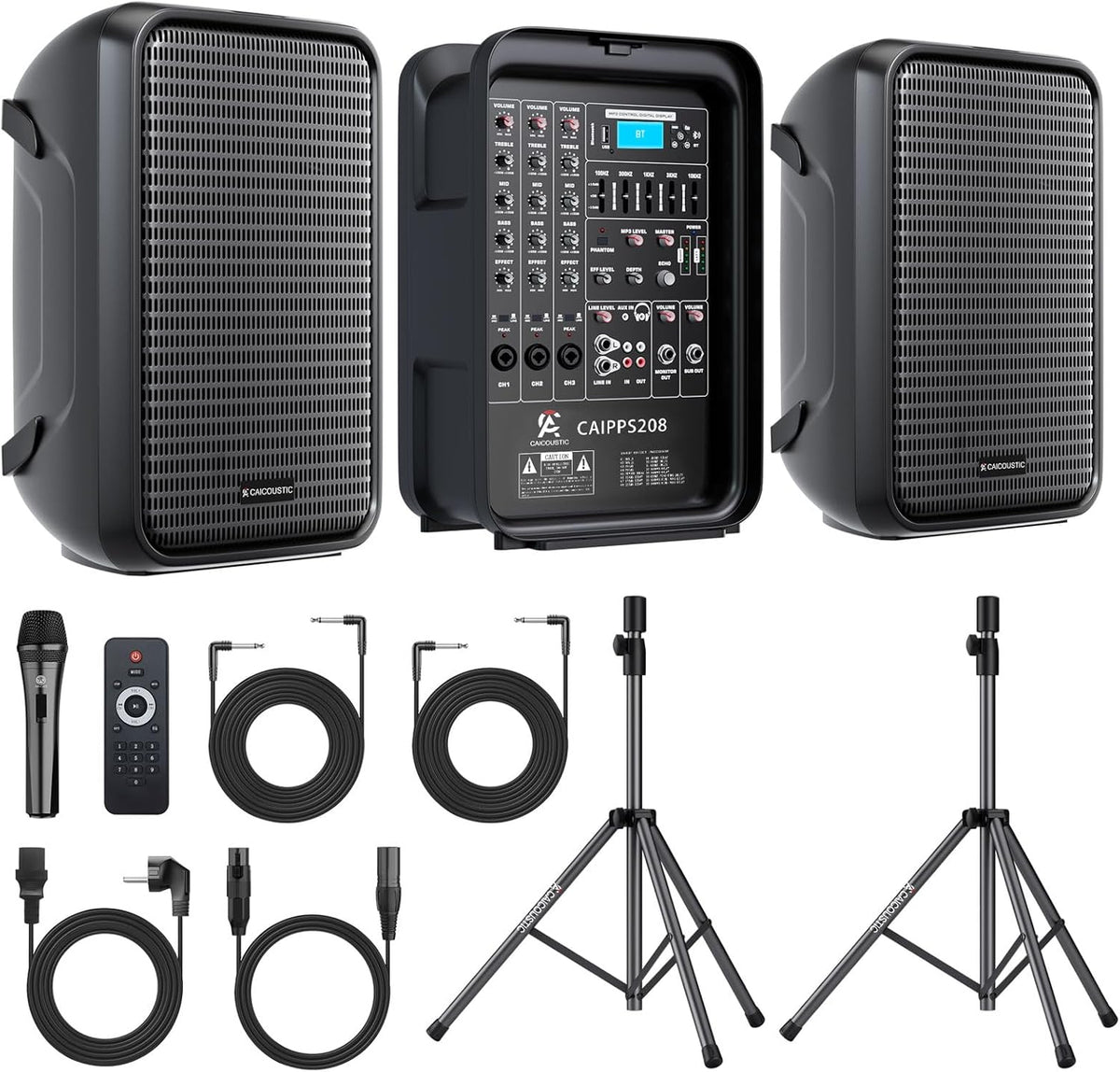 All-in-One 2-Way PA Speaker System DJ Mixer Bundle,300W 8-Channel Mixer Bluetooth, Amplifier Kit with 8" Subwoofer and 1" Horn Tweeter,USB,2 Speaker Stands, Mic