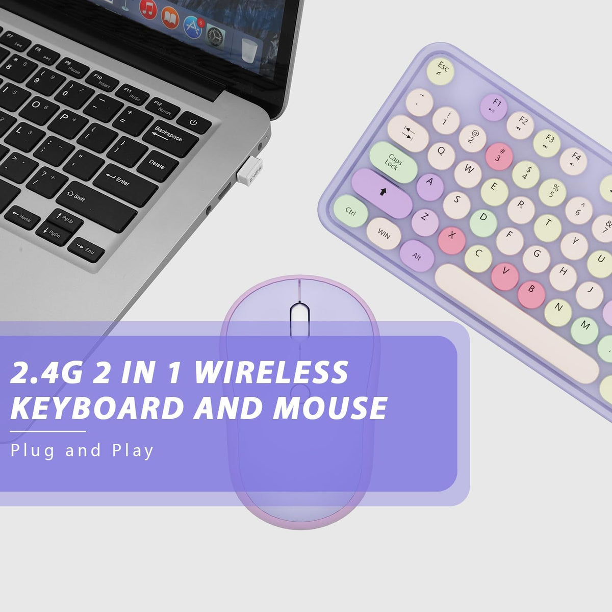 Wireless Typewriter Keyboard and Mouse - Wireless Keyboard with Silent Wireless Mouse, Cute Retro Keyboard Mouse Combo, 2.4G USB Computer Keyboard and Mouse for Windows Laptop/Desktop/PC(Purple)