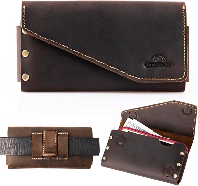 Topstache Belt Clip Leather Phone Holster with Card Holder for iPhone 17/16 Pro Max - Leather Belt Holder for Galaxy S25/S24 Ultra - Cell Phone Case Fit with Protective Case, XL,Darkbrown