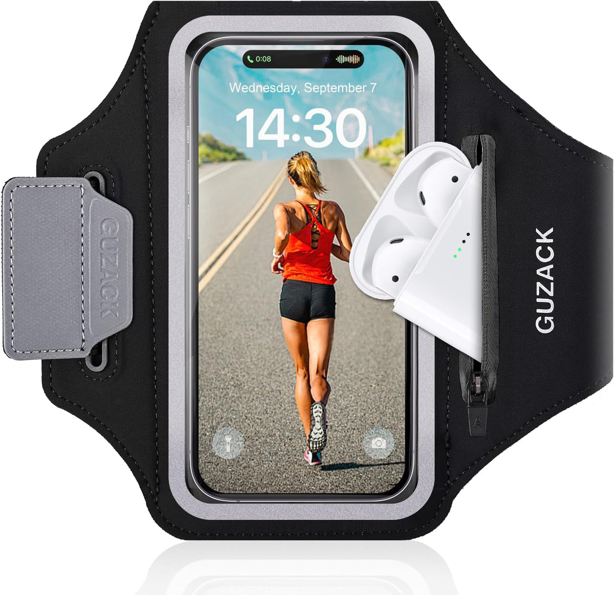 GUZACK Running Phone Holder with Zipper Pouch, Running Armband for iPhone 16 Pro/15/14/13/12/11 Pro Max/Plus/XR/XS, Galaxy S25/S24/S23/S22, Cell Phone Arm Holder with Card Slot - Size S