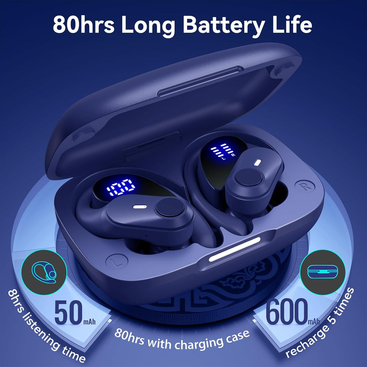GOLREX Active Noise Cancelling Ear Buds Wireless Earbuds Bluetooth Headphones with 80H Playtime LED Display Wireless Charging Case, Over-Ear Hooks Earbud for Sports Running Gym Workout Blue