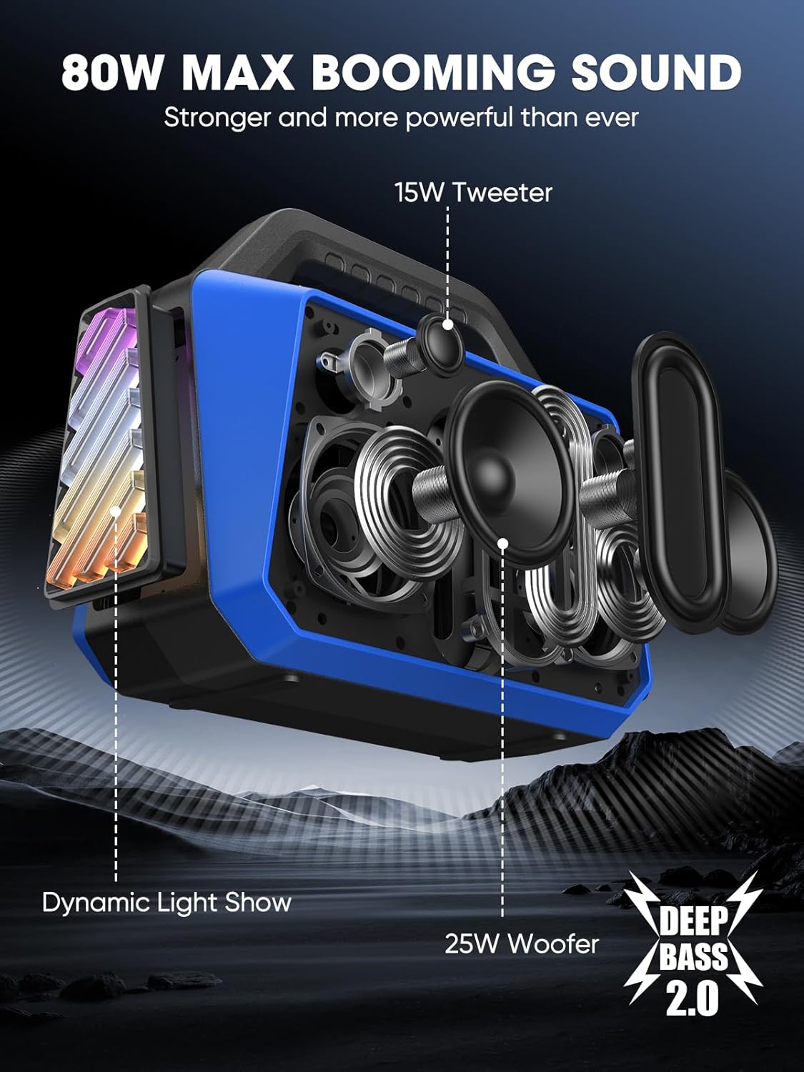 Portable Bluetooth Speakers Loud - Wireless Speaker 80W Peak, Light Show, 20H Playtime, Strong Bass, BT 5.3, TWS, IPX6 Waterproof for Outdoor Travel Beach Camping - Blue
