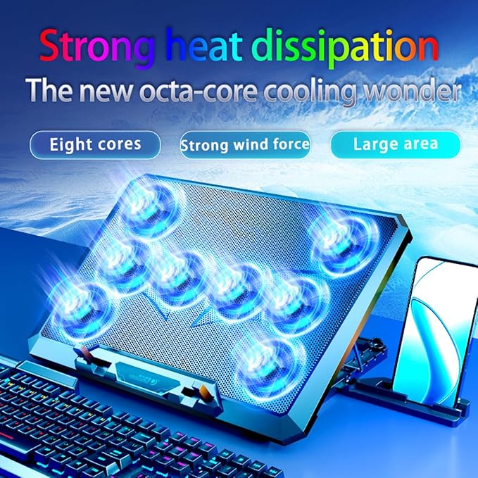 Laptop Cooling pad for Hp 14 inch 14-ep1063cl Gaming laptops Laptop Cooler with 8 Fan Adjustable Speed 5-Level Height Adjustment Mute Silent2 USB-A PortBuilt-in Phone Stand