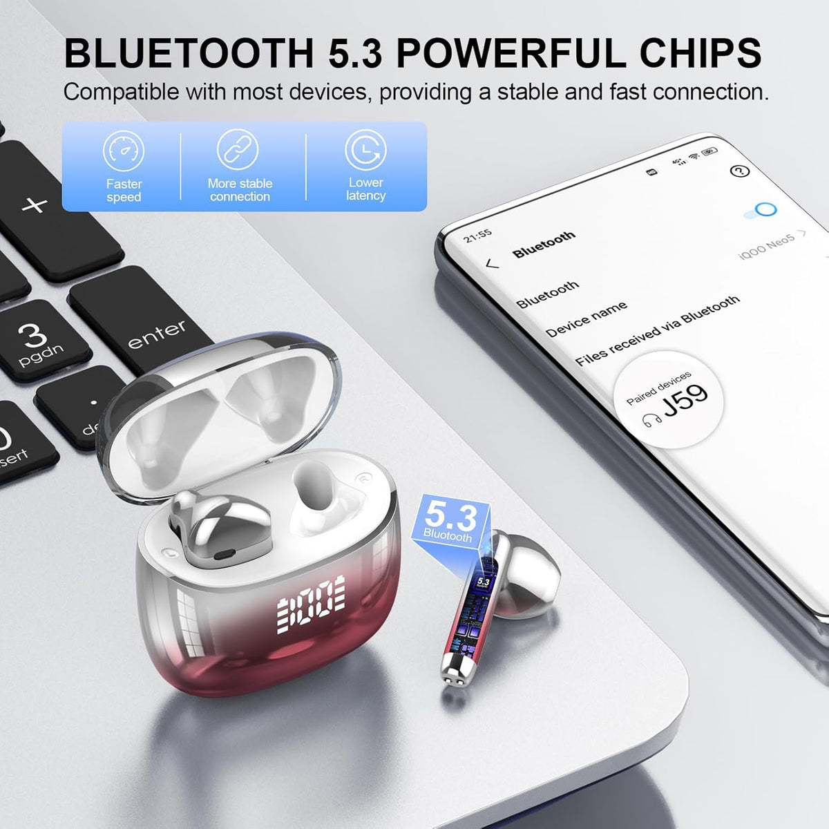 Wireless Earbuds, Bluetooth Headphones 48H Playtime Ear Buds with LED Power Display, IPX7 Waterproof Bluetooth 5.4 Earphones in-Ear Earbuds with 4 Mic for Android iOS Cell Phone Laptop, Red