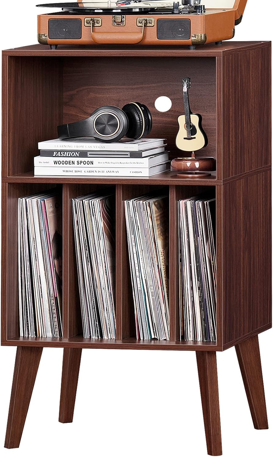 Lerliuo Record Player Stand, Walnut Turntable Stand Holds up to 160 Albums, Mid-Century Vinyl Storage Cabinet Table with Solid Wood Legs, Record Player Holder Dispaly Shelf for Bedroom Living Room