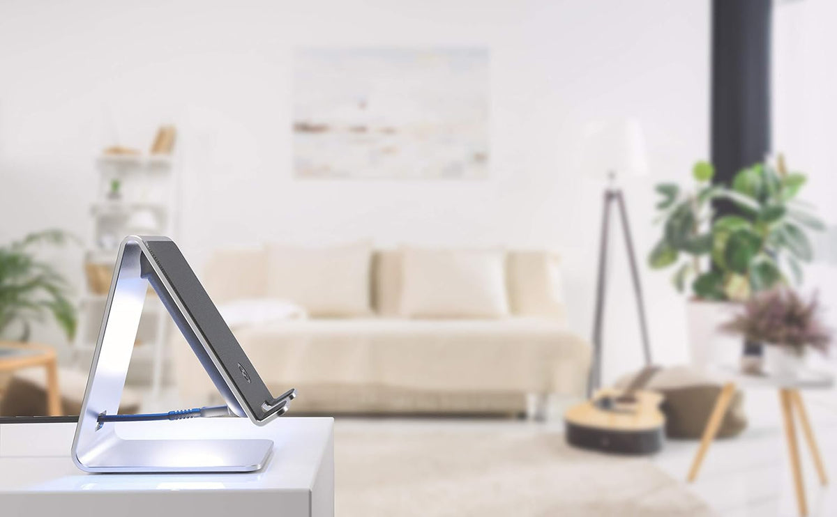 Encased PowerStand Wireless Charging Stand with Dimmable LED Backlights - Desktop Charger for iPhone, Android and Galaxy Phone Models (Aluminum Silver)