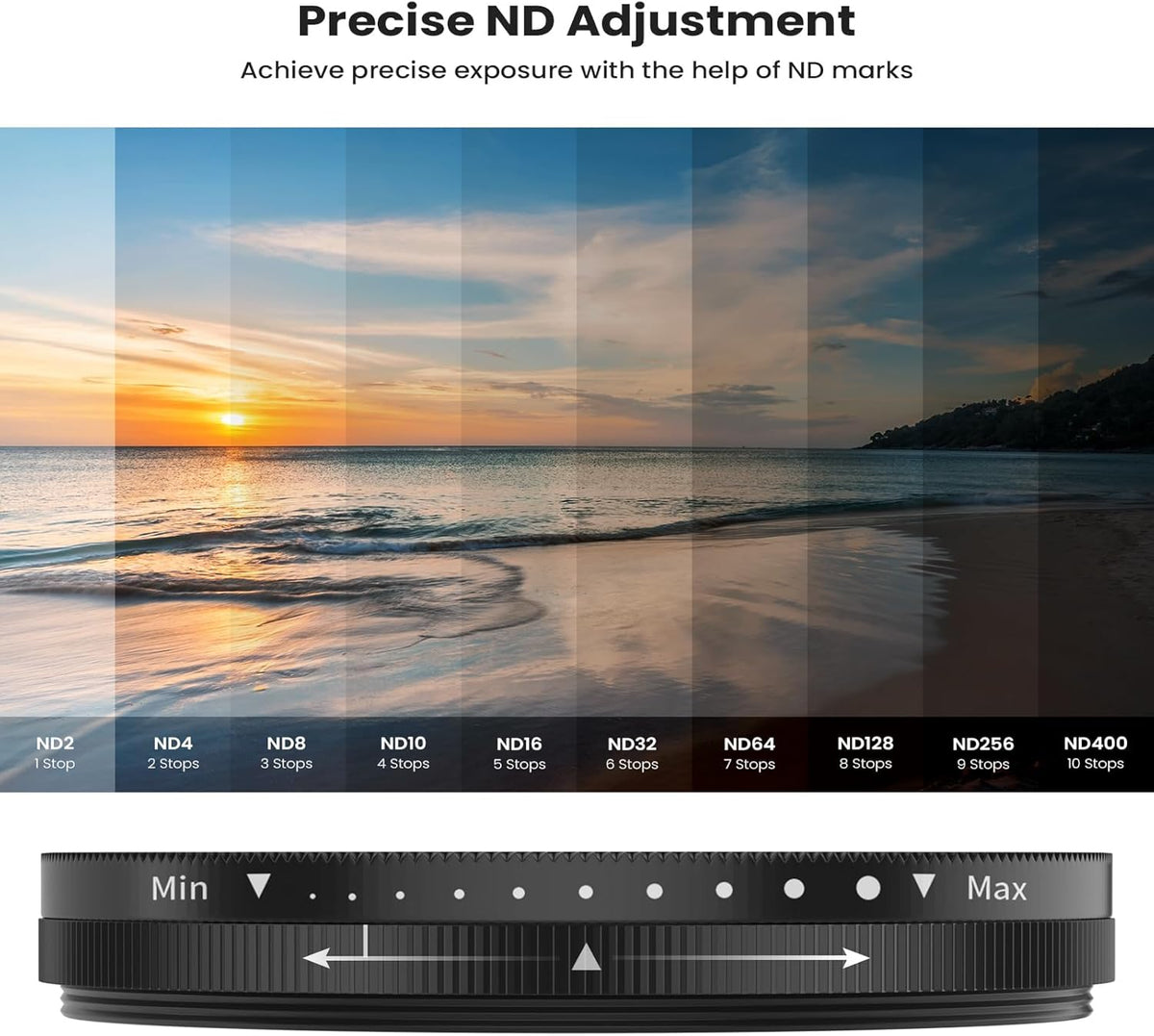 67mm Variable ND2-400 Filter for Phone/DSLR, HD Adjustable Neutral Density Filter with Universal Clip,Adapter Ring, Lens Attachment for iPhone 16 15 14 13 12 Samsung Pixel and Other Smartphones/Camera