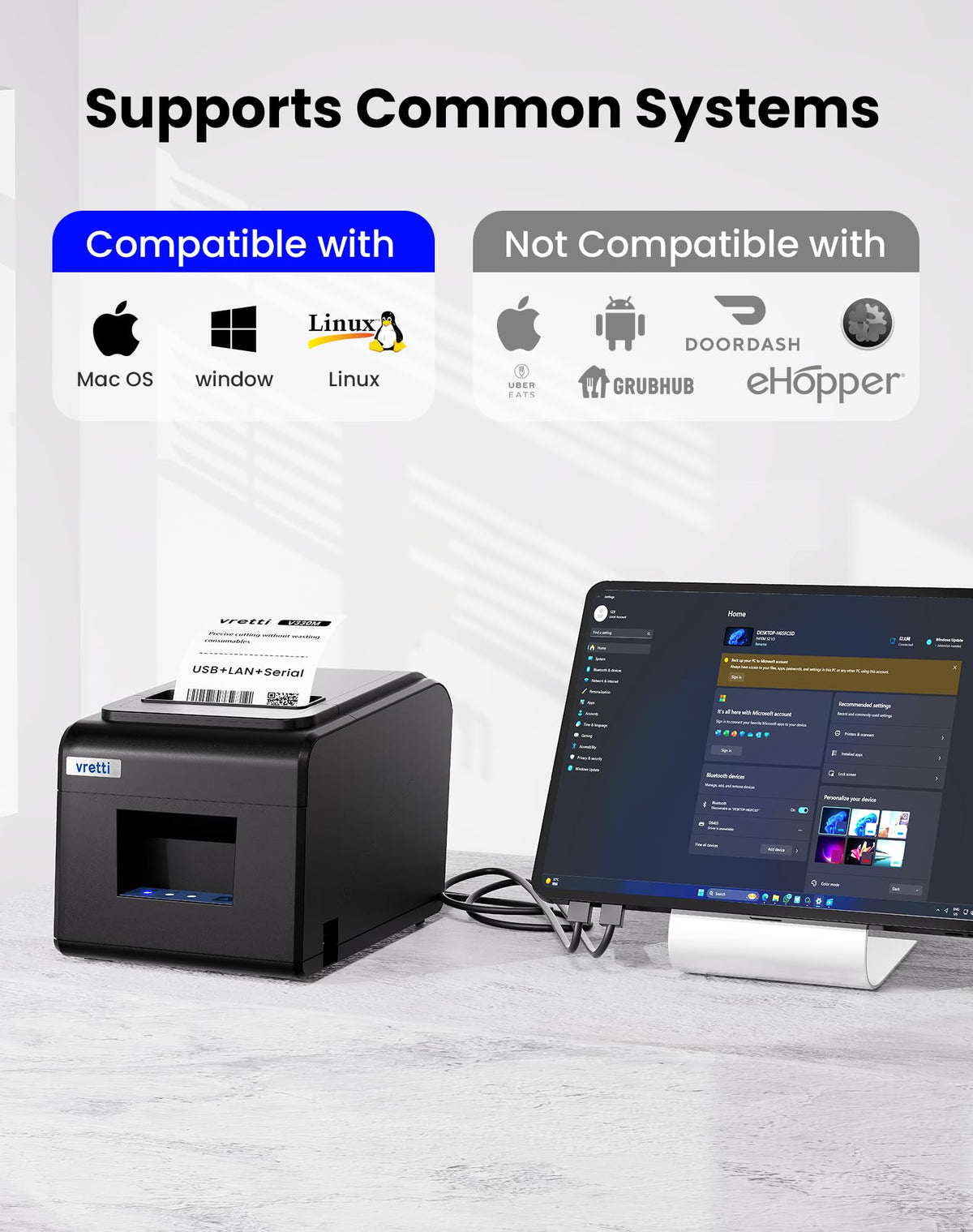 vretti Thermal Receipt Printer, 3'1/8 80mm Direct Thermal Printer with USB Serial LAN Port - Kitchen POS Printer ESC/POS Command Support Cash Drawer