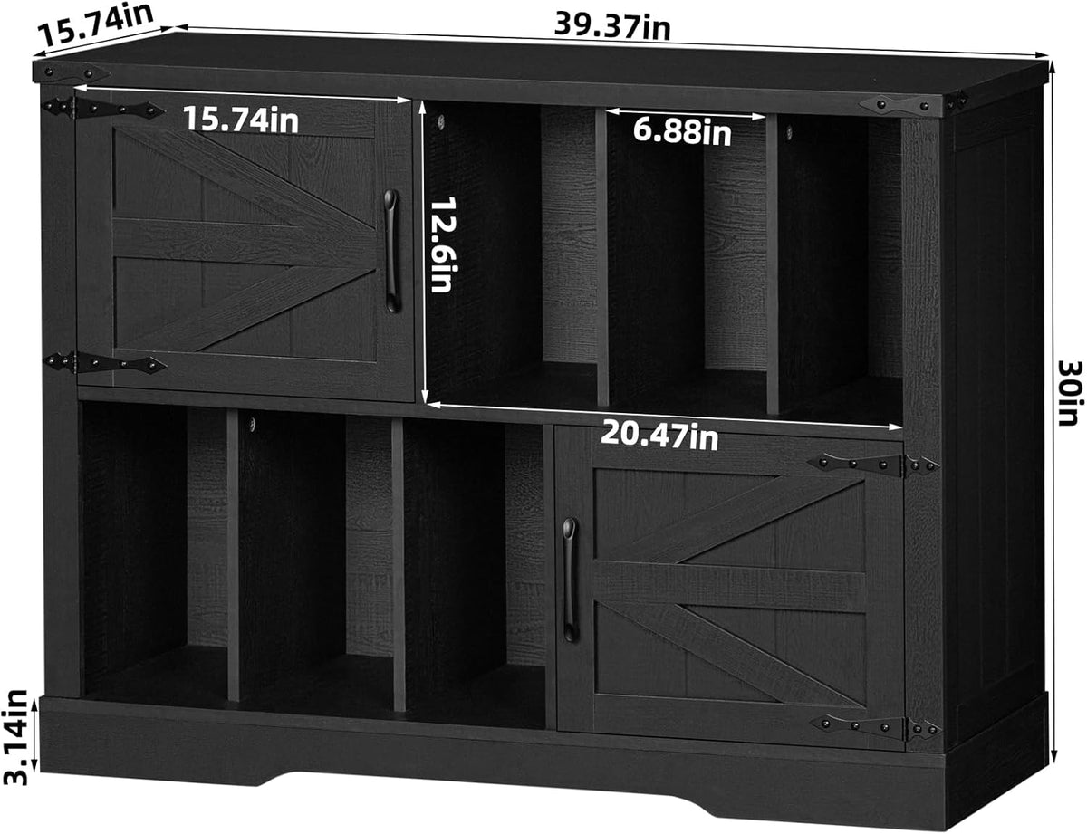 Large Record Player Stand with Vinyl Storage Up to 450 Albums, 39 Inch Farmhouse Wood Black Vinyl Records Storage Cabinet with Barn Doors, Mid-Century Modern Turntable Stand for Living Room