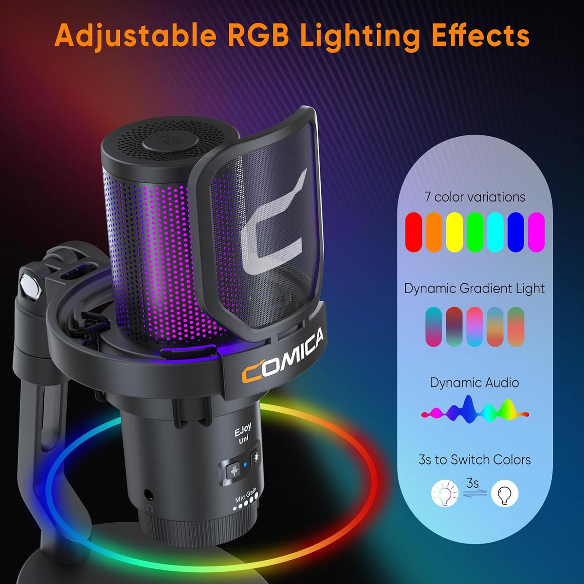 COMICA EJoy Uni USB Gaming Microphone for PC, PS4, PS5, and Mac, RGB Computer Mic for, Twitch/Streaming/Podcasting/YouTube/Recording, Noise Cancellation Mic with Mute, Gain, Monitoring