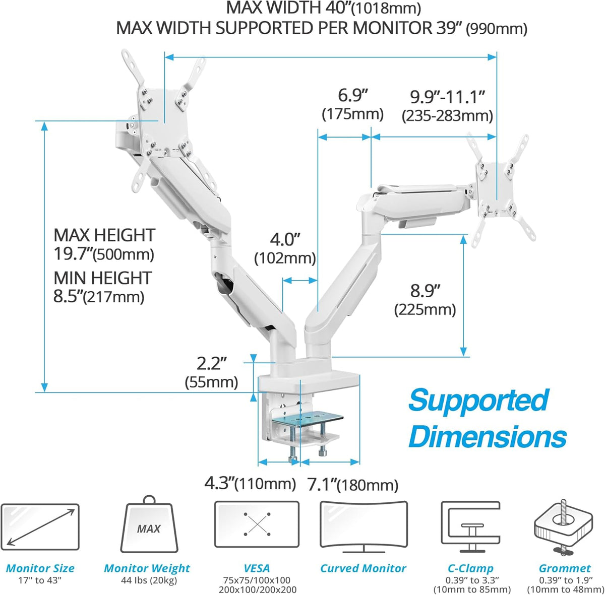 AVLT RGB Lights Dual 17”-43” Gaming Monitor Arm Desk Mount, Fits Two Flat/Curved/Ultrawide Screen up to 44lbs(20kg), Height Swivel Tilt Adjustable Stand – White