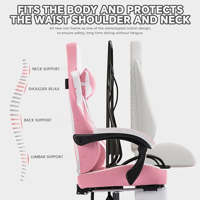 High-Back Gaming Chair with Footrest – PVC Leather Ergonomic Office &amp Racing Style Video Gaming Chair (Pink)