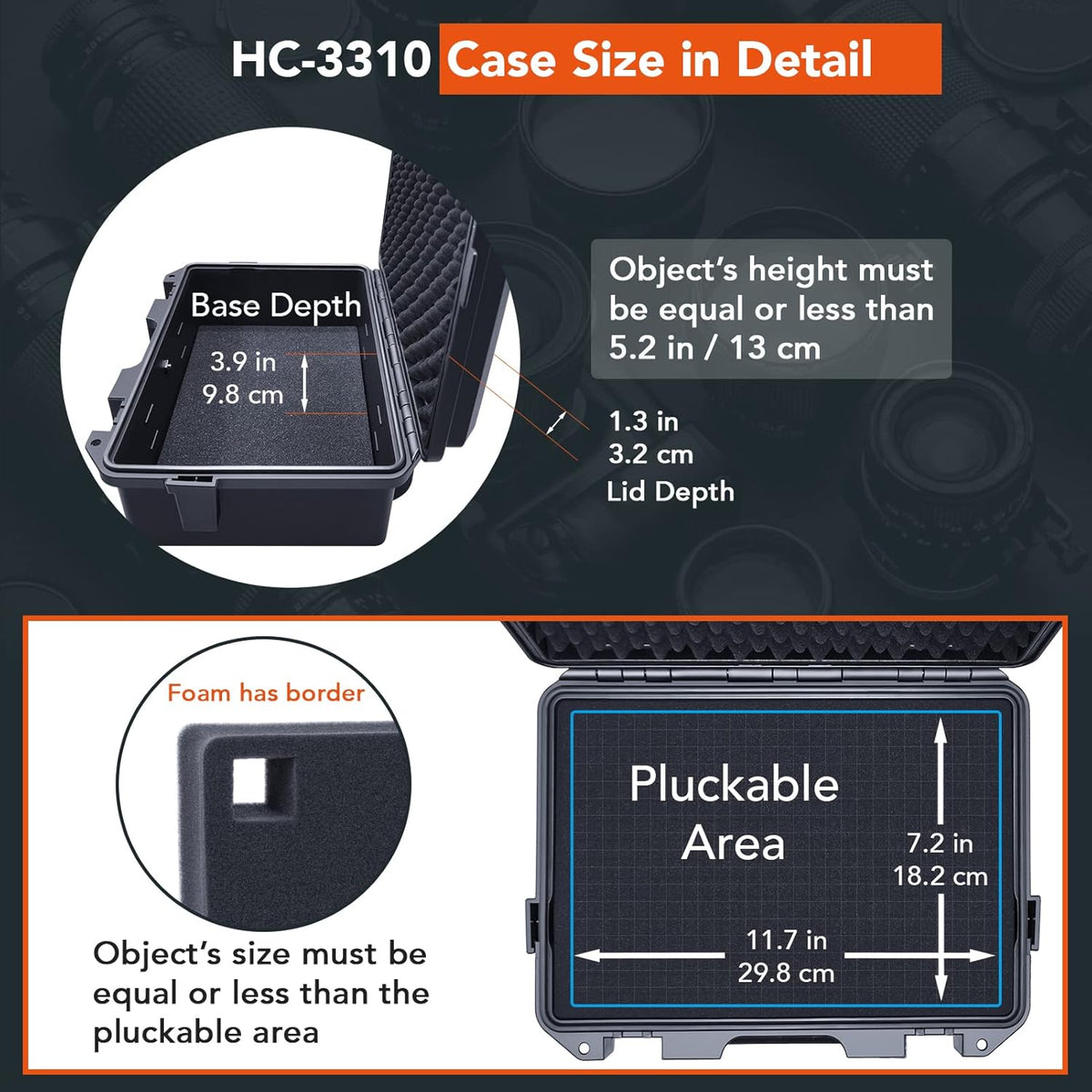 Lykus HC-3310 Waterproof Hard Case with Customizable Foam Insert, Interior Size 12.99x8.27x5.31 in, Suitable for pistol,camera,lens,drone,mic,flashlight,telescope,action cam,electronics,tools,and more