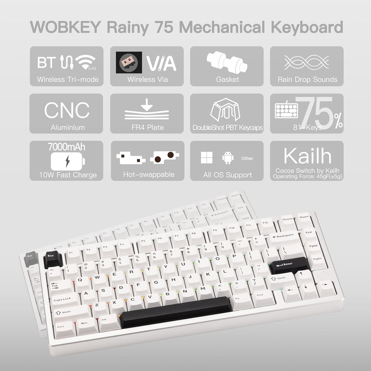 KEEBMONKEY WOBKEY Rainy 75 CNC Aluminum HMX/JWK/Cocoa Switches Triple-Mode Connectivity Mechanical Keyboard with Superior Acoustics, RGB/FR4/Silver SUS304/7000mAh/Cocoa Switch (Pro - Silver)