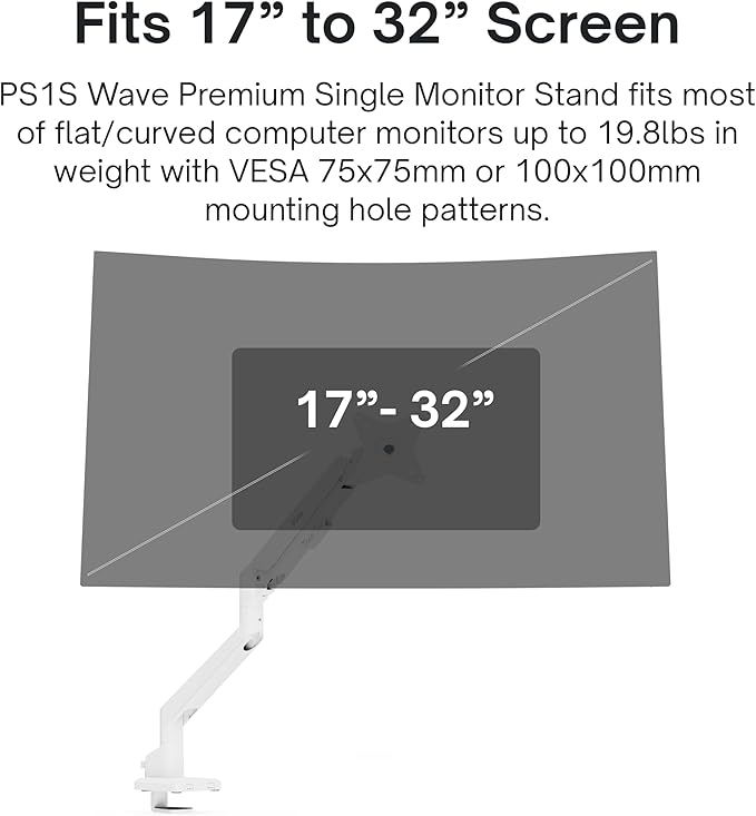 Pixio PXC278WAVE White 27 inch 180Hz Refresh Rate QHD 1440p Resolution 1650R Curve Fast VA Panel 1ms GTG Response Time HDR Curved Gaming Monitor and PS1S Wave White Single Monitor Arm