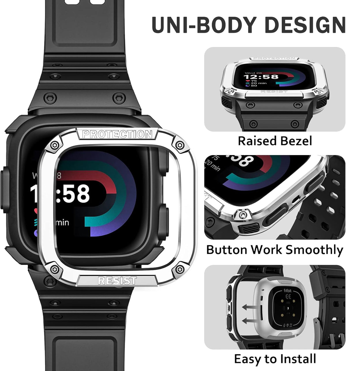 FINTIE Bands with Case Compatible with Fitbit Versa 4/3/2/1/Versa Lite/Fitbit Sense 2/Sense, Protective Case Strap Rugged Sport Band Men, Black/Silver