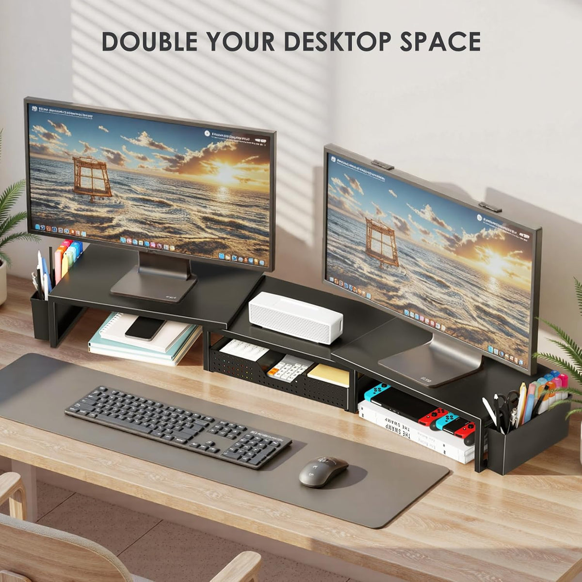 2 OPNICE Desk Organizers and Accessories, Dual Monitor Stand Riser with Drawer and Pen Holders, Desk Shelf Metal