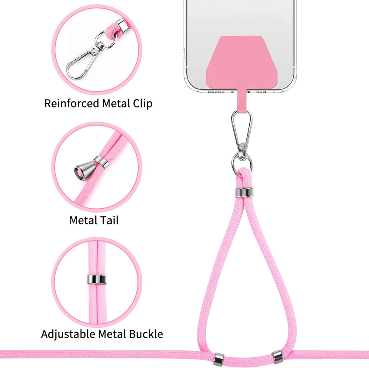 CACOE Phone Lanyard 2 Pcs-2 Pcs Adjustable Neck Strap, 4 Pcs Patches, Universal Crossbody Multifuctional Cell Phone Lanyards Compatible with Most Smartphones(Black+Bright Pink)