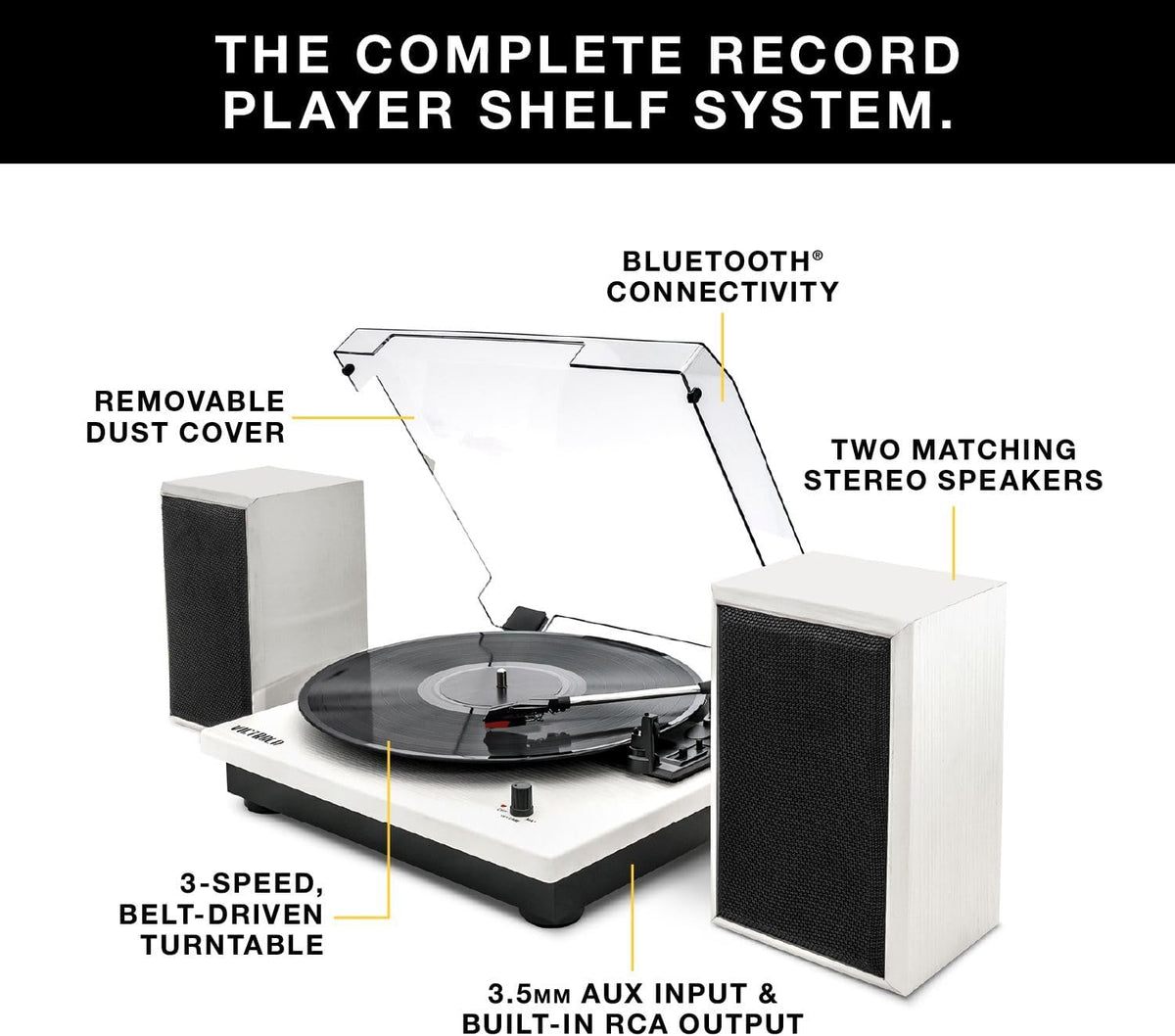 Victrola Montauk Vinyl Record Player, 3-Speed Belt Driven Turntable with Stereo Bluetooth Speaker Pair, RCA Output & 3.5mm Headphone Jack, Removable Dust Cover, Black Wood Finish