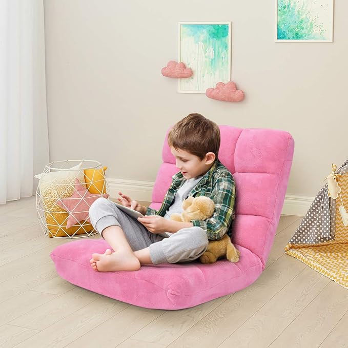 Floor Folding Sofa Chair 14-Position Adjustable Folding Couch Sleeper Bed Couch Gaming Recliner for Living Room Bed Room (Pink)