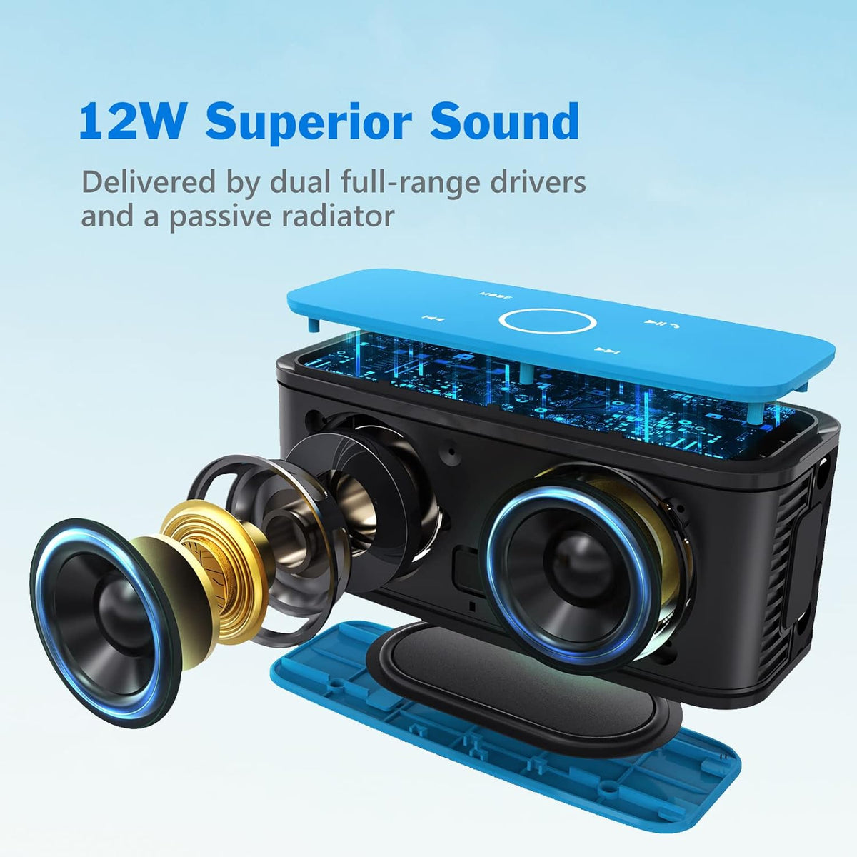DOSS SoundBox Touch Wireless Bluetooth Speaker with 12W HD Sound and Bass, IPX5 Water-Resistant, 20H Playtime, Handsfree, Portable for Office, Home, Outdoor, Travel-Blue