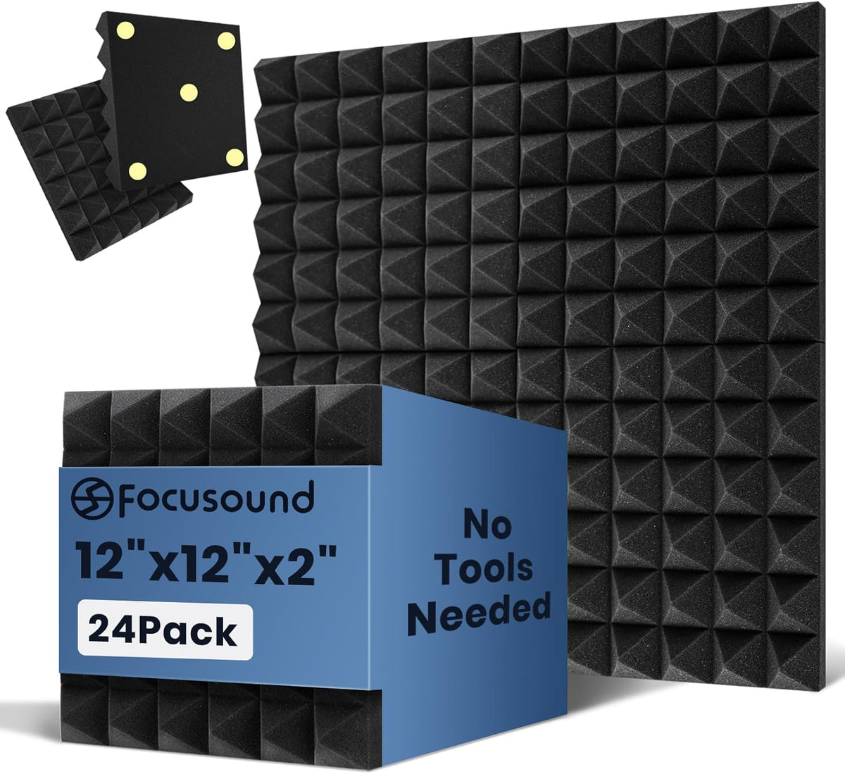 Focusound Acoustic Panels 24 Pack 2"x12"x12" with 120 PCS Double-Side Adhesive - Sound Proof Pyramid Foam for Walls, Home Studio Noise Absorption & Echo Control Kit