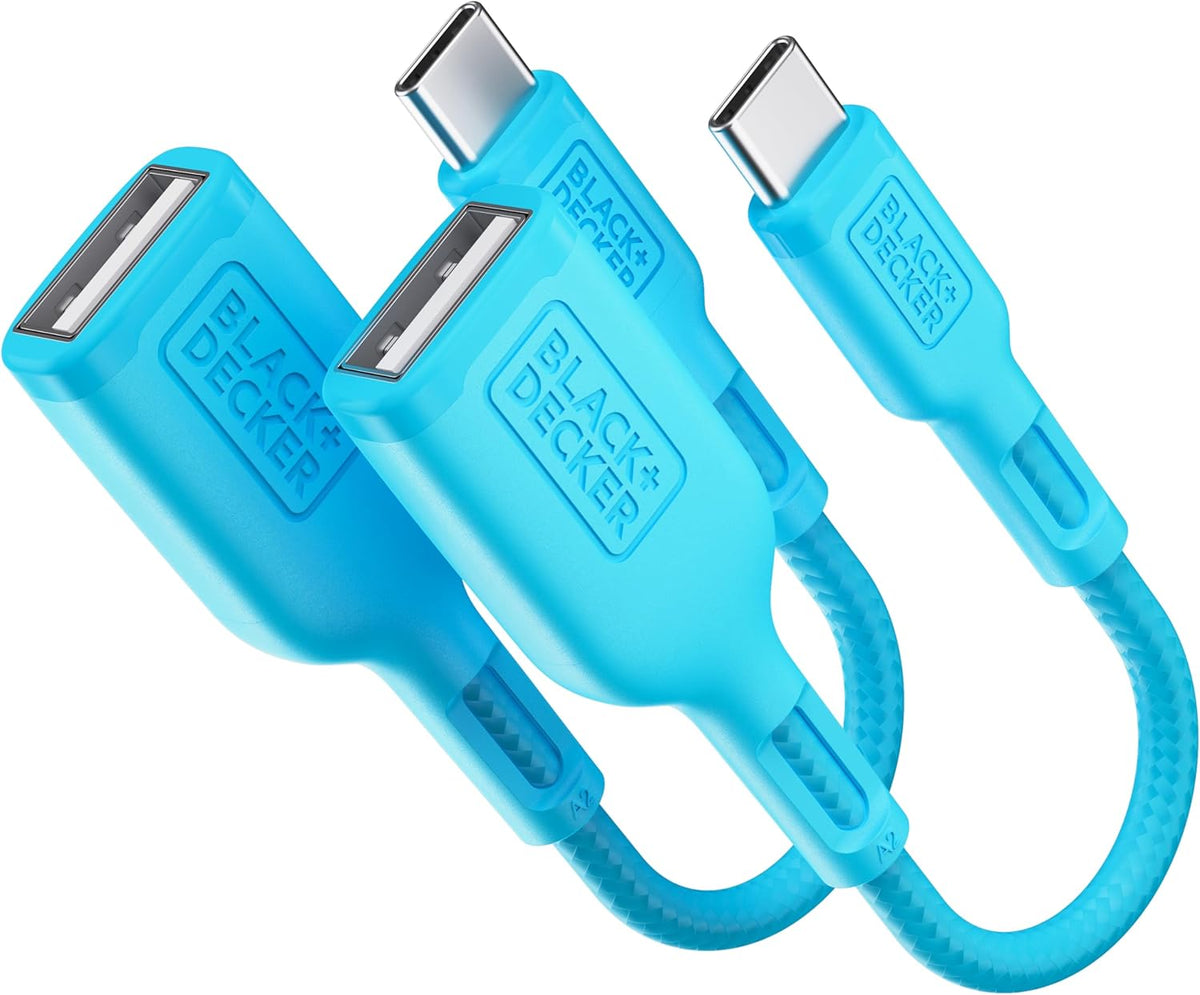 BLACK+DECKER USB C to USB A Adapter, USB C Male to USB Female Adapter Nylon Braid, Type C OTG Cable Compatible w/iPhone 16 15 Pro, Samsung S23 Ultra, MacBook Pro 2022/Air/Mini, iPad—2 Pack, 3"