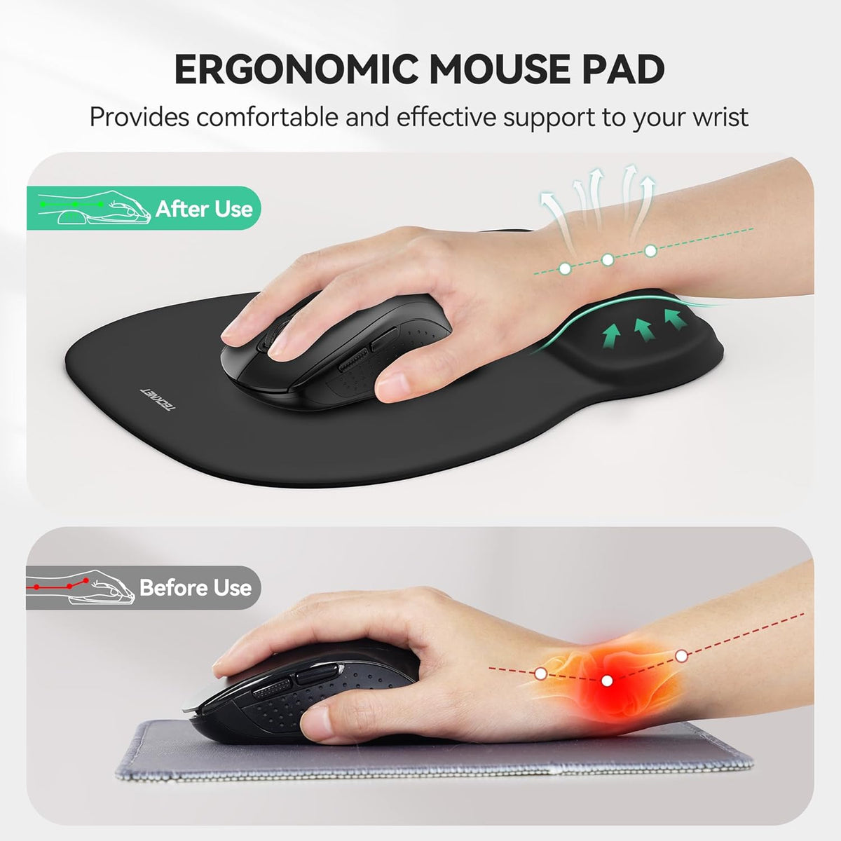 TECKNET Gel Mouse Pad with Wrist Rest, Ergonomic Office Mousepad with Wrist Support - Non-Slip & Smooth Surface Comfortable Desk Accessories Mat for Office, Gaming and Study - Charcoal Black