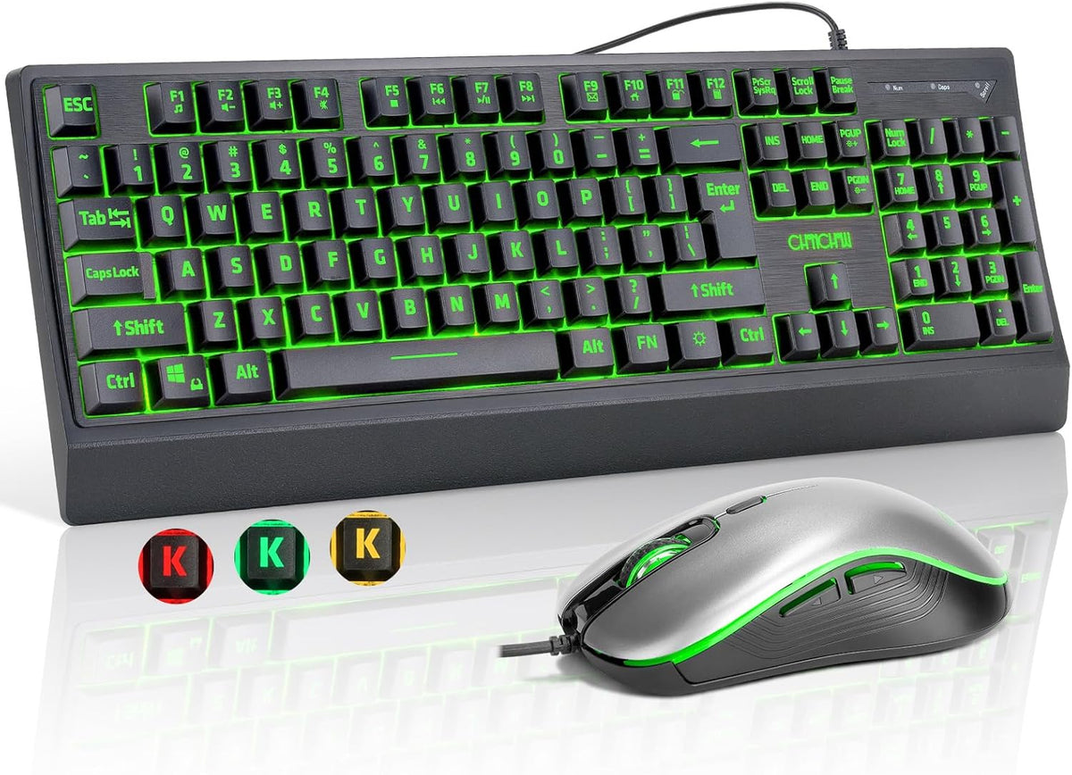CHONCHOW 12 PS5 USB Wired Keyboard and Mouse Combo with Red-Yellow-Green LED, Silent Gaming Keyboard with Mulitmedia