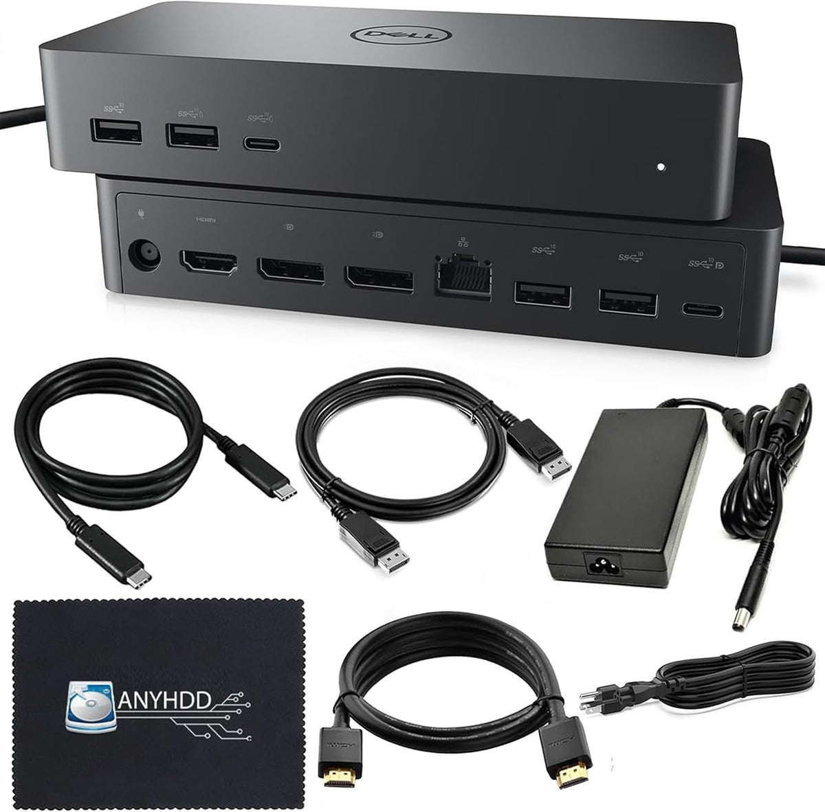UD22 Dell Docking Station Dual Monitor Bundle - USB-C/USB-A Universal Dell Dock for Laptops with 130W Adapter + 4K HDMI Cable + 4K DisplayPort + USB-C Cable + Microfiber Cloth - Supports 4K Display
