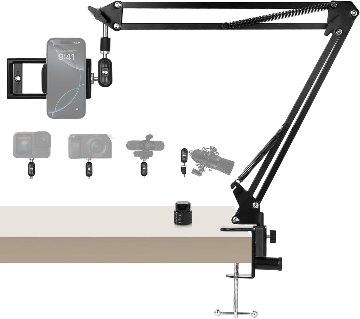 ellrkr 30" 360 1/4" 5/8" Magic Arm Holder w Clamp - Overhead Phone Mount for Desk, Smooth & Thread Webcam Stand
