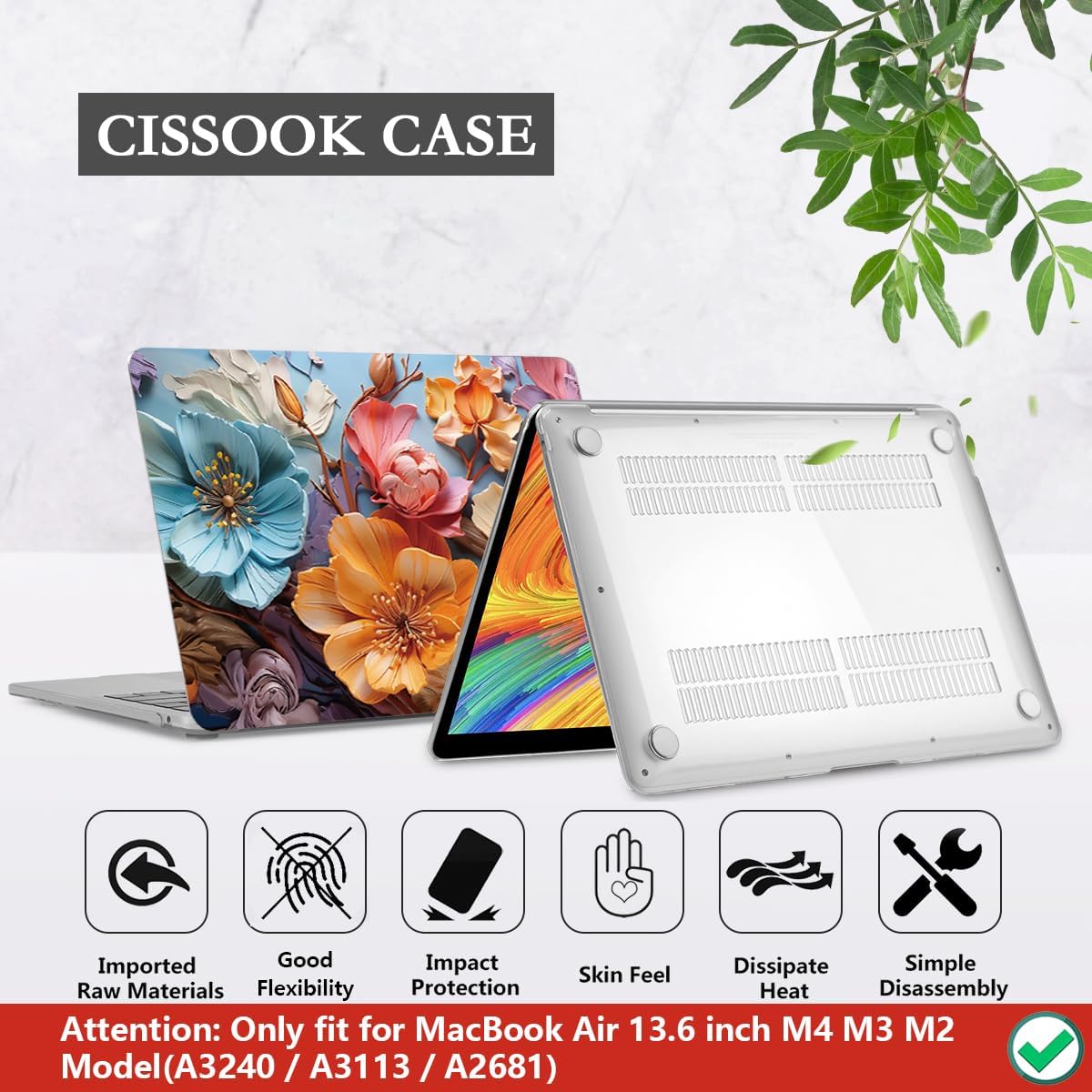 CISSOOK for MacBook Air 13 inch M2 M3 M4 Case 2022 2023 2024 2025 Release, Flower Hard Shell Cases with Keyboard Cover OTG Adapter for MacBook Air 13.6 inch A3240 M3113 A2681