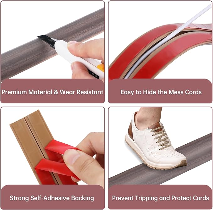 Floor Cord Cover Self Adhesive Cord Hider Floor Extension Cord Covers for Floor Power Cord Protector Cable Management Prevent Cable Trips Cable Cavity 0.59" W x 0.31" H (Brown Walnut Wood, 20Ft)