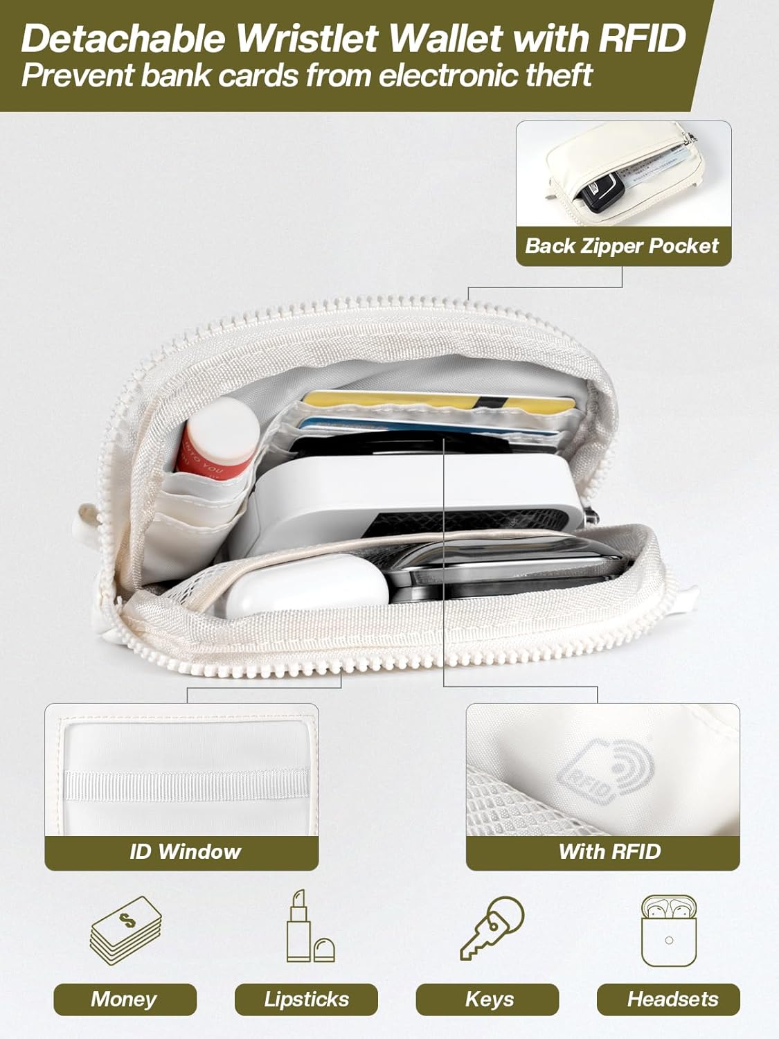 Clip and Go Strap for Phone with Wallet Crossbody Phone Lanyard Adjustable and Detachable RFID Wristlet Wallet with ID Window and Zipper, Cream