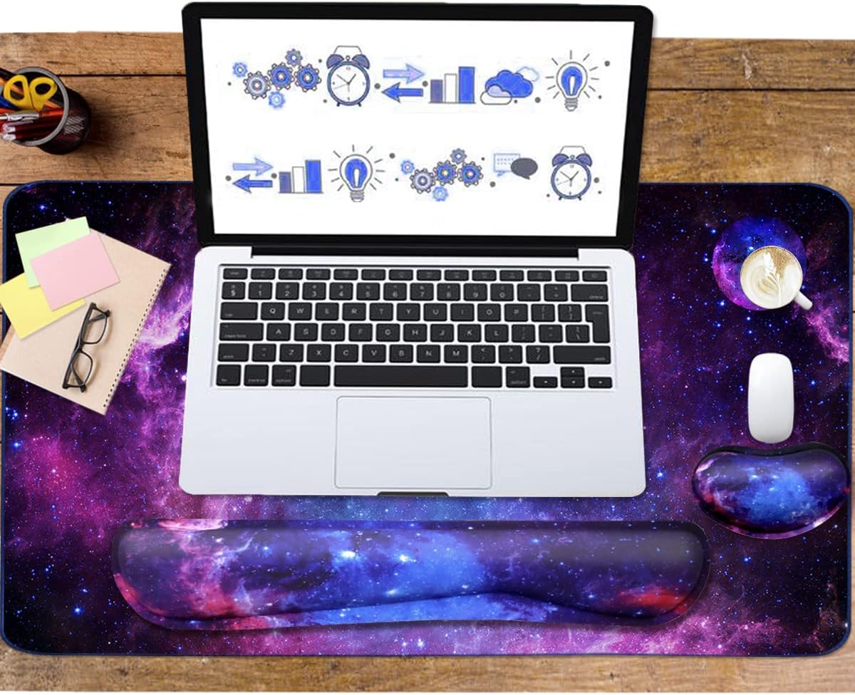 Keyboard Mouse Pad Set, Extended Mouse Pad+Keyboard Wrist Rest Support, Memory Foam Ergonomic, 3Pcs (35.4×15.7 in) Desk Pad Set for Home Office Study Game - Galactic
