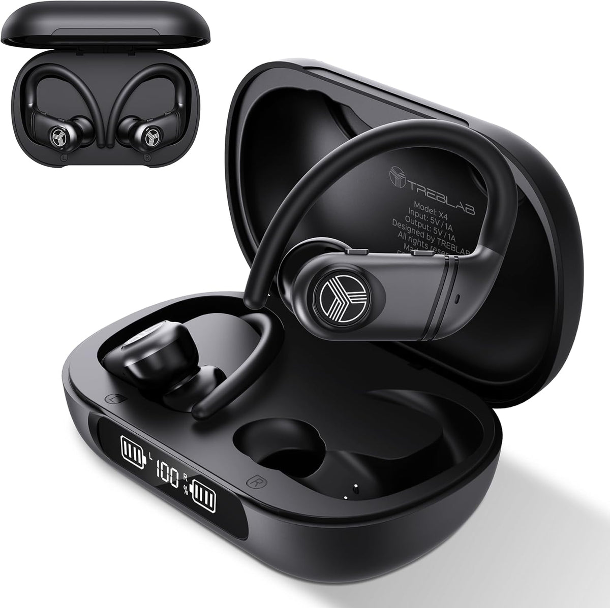 TREBLAB X4 Wireless Earbuds with Earhooks – 253H Battery, ENC Mic, Bluetooth 5.4, USB-C Charging Case, IPX5 Waterproof, Noise Isolating, for Running, Calls, Workouts – Bluetooth Over Ear Ear Buds