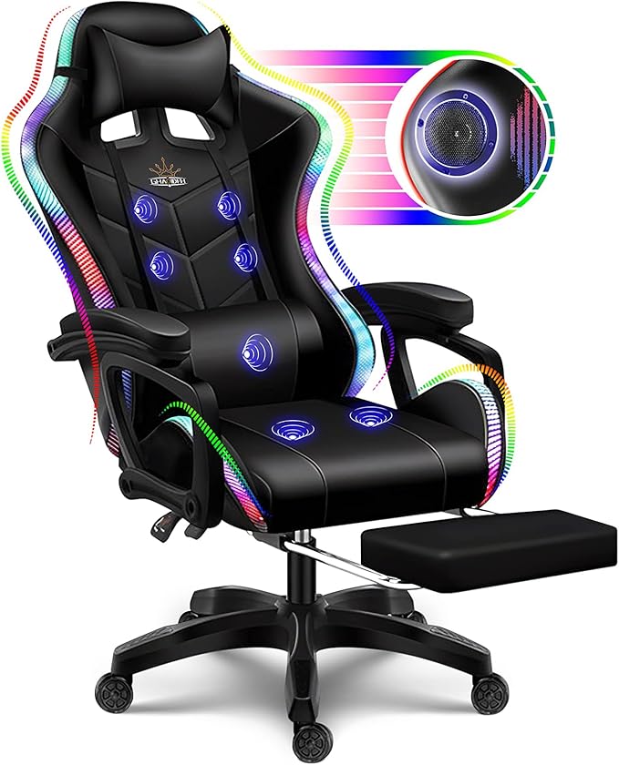 Gaming Chair with LED Light Ergonomic Chair with Massage and Bluetooth Speaker Executive Office Chair with Footrest 360° Rotation90-135° AdjustableSuitable for Office Bedroom Gaming