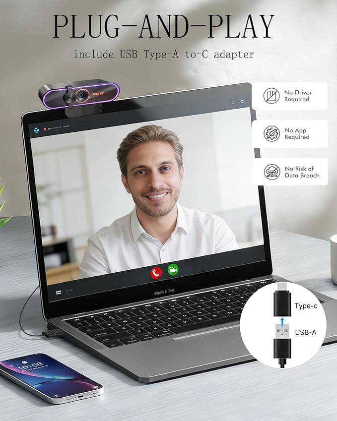 Windows 8 4k Webcam USBwith Microphone &amp Privacy Cover &amp Plug&ampPlayWorks Zoom/Teams/Skype/Google Meet