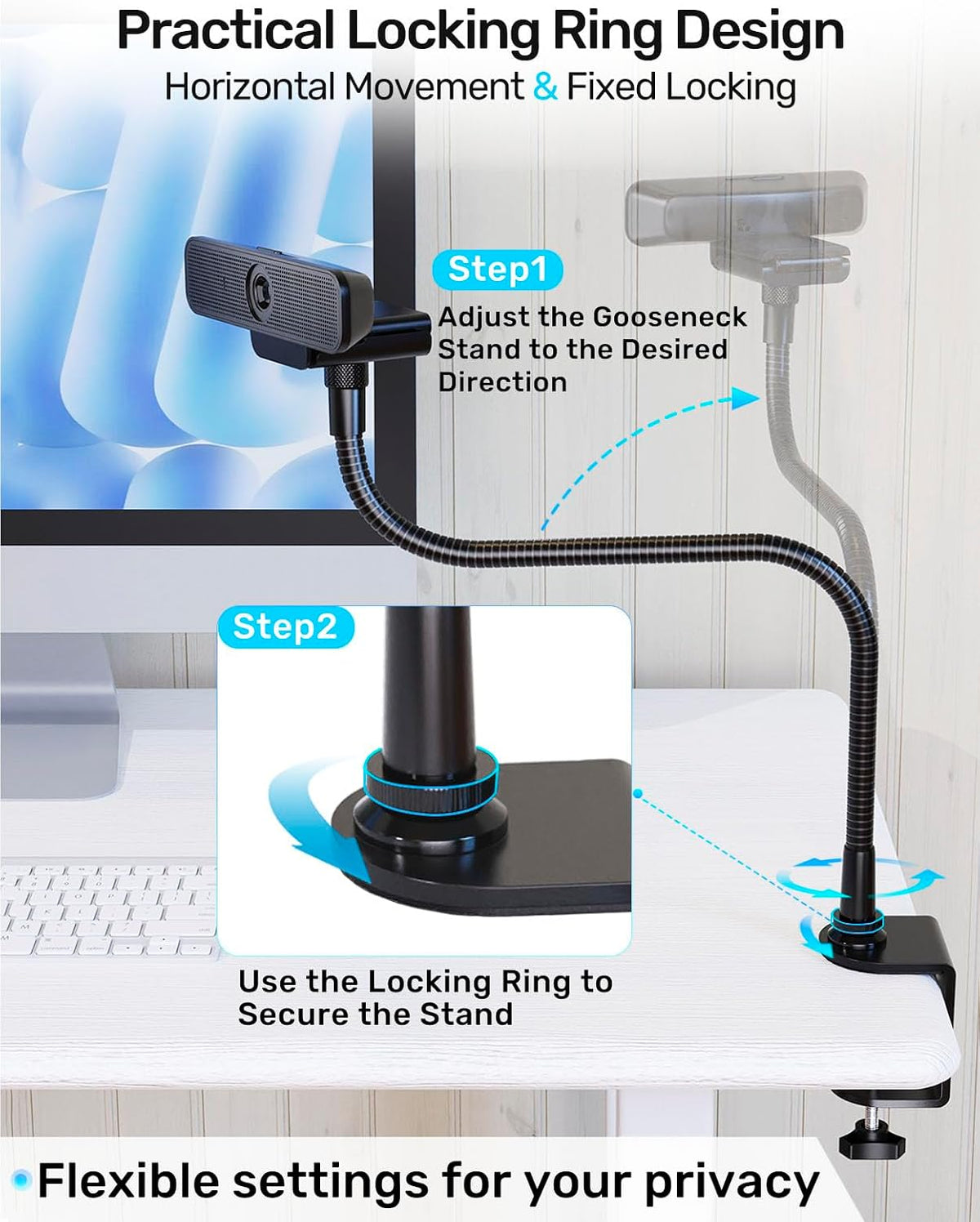 Etour 19" 4K C920 C920s C922 C922x C925e C930 C930e C960 C615 N60, 1/4" Webcam Stand Mount for Desk, Flexible Gooseneck