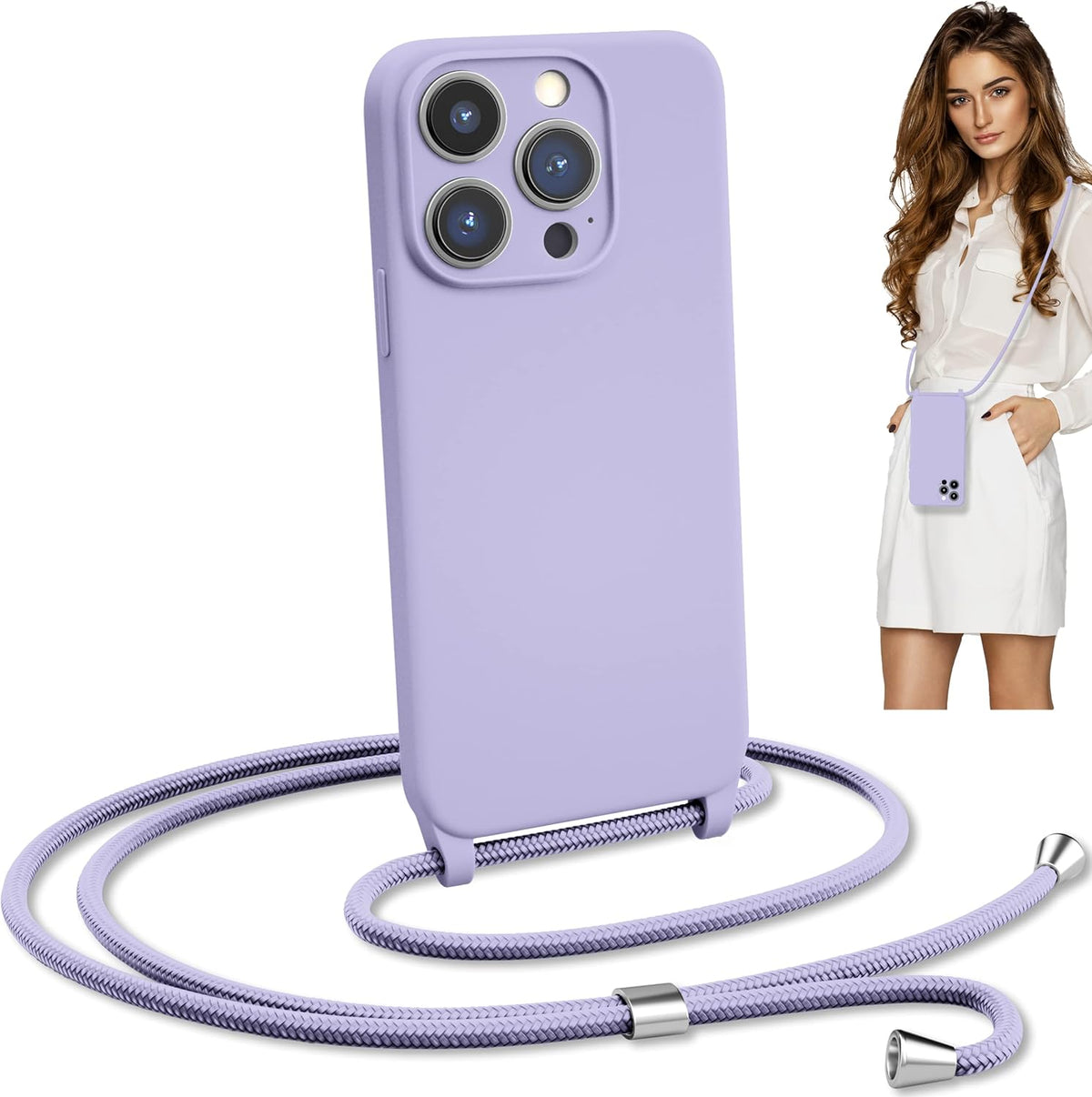 Blaspins Crossbody Lanyard Strap Case for iPhone 13 Pro, Neck Cross Body, Adjustable Holder Removable, Drop Protection Shockproof, Hands-Free Silicone Case 6.1 inch, 150 cm Strap, iP13Pro - Purple