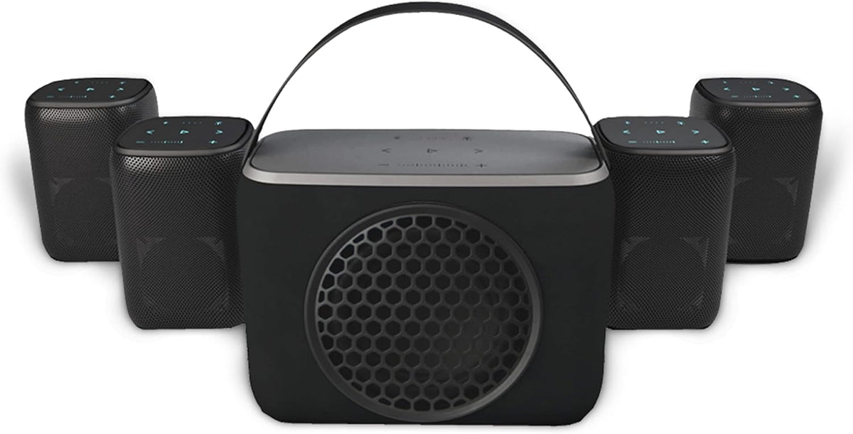 Rocksteady Stadium 2: Four Speakers and One Subwoofer Bundle - Immersive, connectible, and up to 150 ft of Range. Up to 30 Hours of Battery Life.