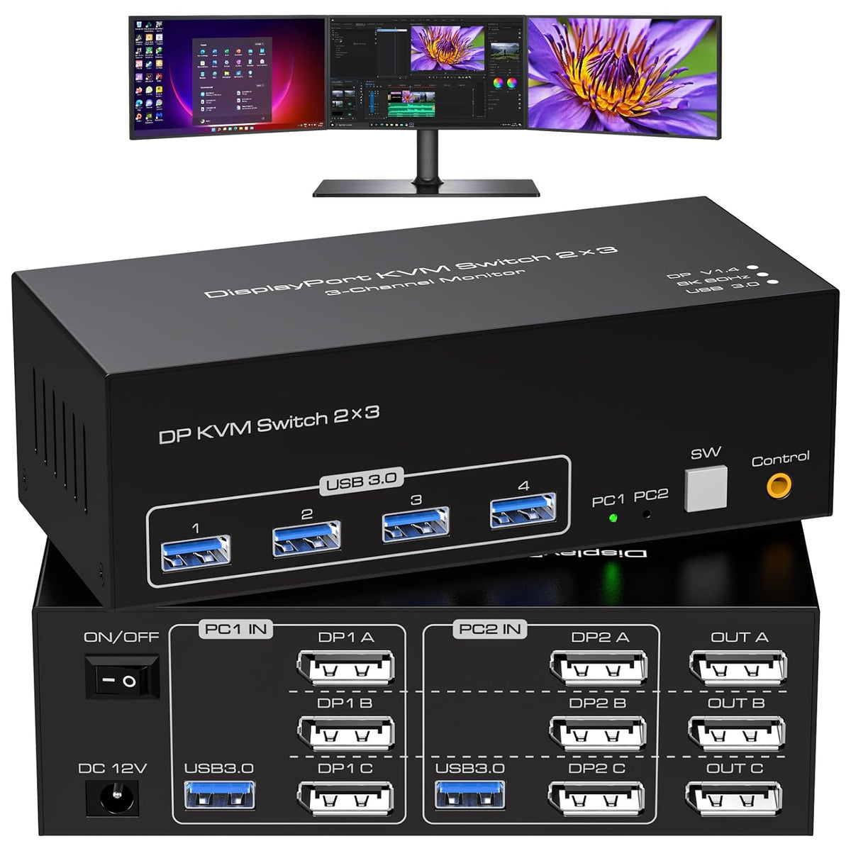 8K Displayport KVM Switch 3 Monitors 2 Computers 4K 120Hz DP KVM Switches Triple Monitor for 2 PC Share 4 USB 3.0 Ports Support Extended & Copy Display Mode Wired Controller and 12V Adapter