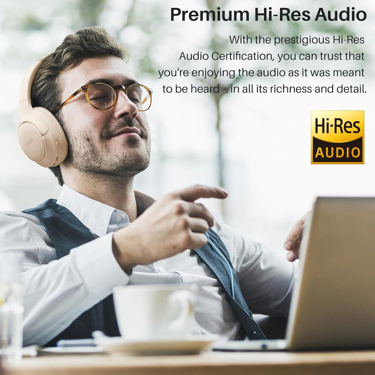 TOZO HT2 Hybrid Active Noise Cancelling Headphones, Wireless Over Ear Bluetooth Headset, 60H Playtime, Hi-Res Audio Custom EQ via App Deep Bass Comfort Fit Ear Cups, for Home Office Travel Khaki