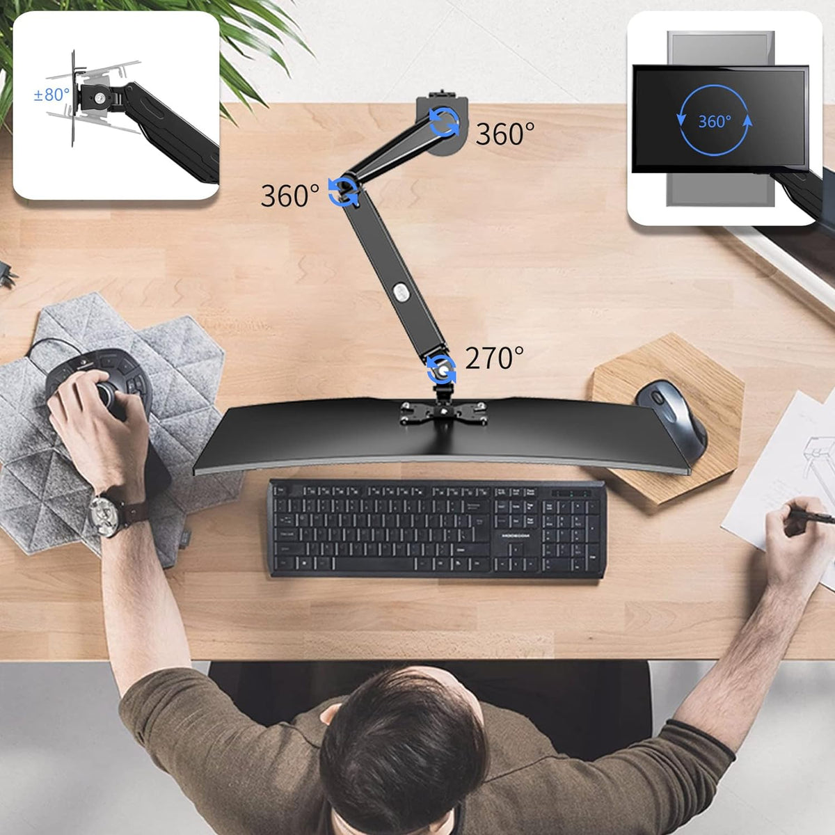 Gas Spring Monitor Arm 32 Inch,Adjustable Single Monitor Desk Mount with Swivel/Tilt/Rotation,Computer Monitors Stand Holder with Clamp/Grommet Mounting Base, VESA Mount Bracket