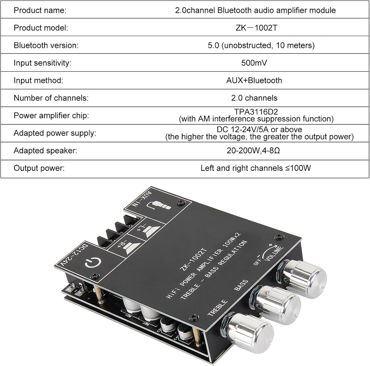 AITRIP 2PCS ZK-1002T 2.0CH 100W*2 9-24V Bluetooth Amplifier Board Mini Audio AMP with Treble and Bass Control, BT