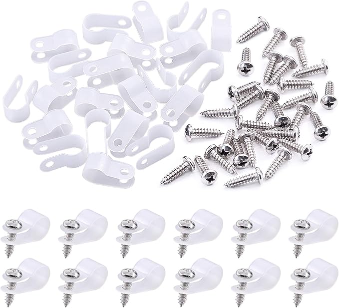 Swpeet 120 Pack White 3/8 Inch Nylon Plastic R-Type Cable Clips Clamp Kit, Nylon Screw Mounting Cord Fastener Clips with 120 Pack Screws for Wire Management (3/8 Inch, White)