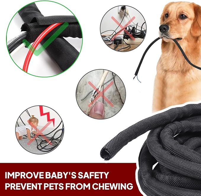 BuyUneed Black Split Braided Cable Management Sleeves 1inch -15Feet