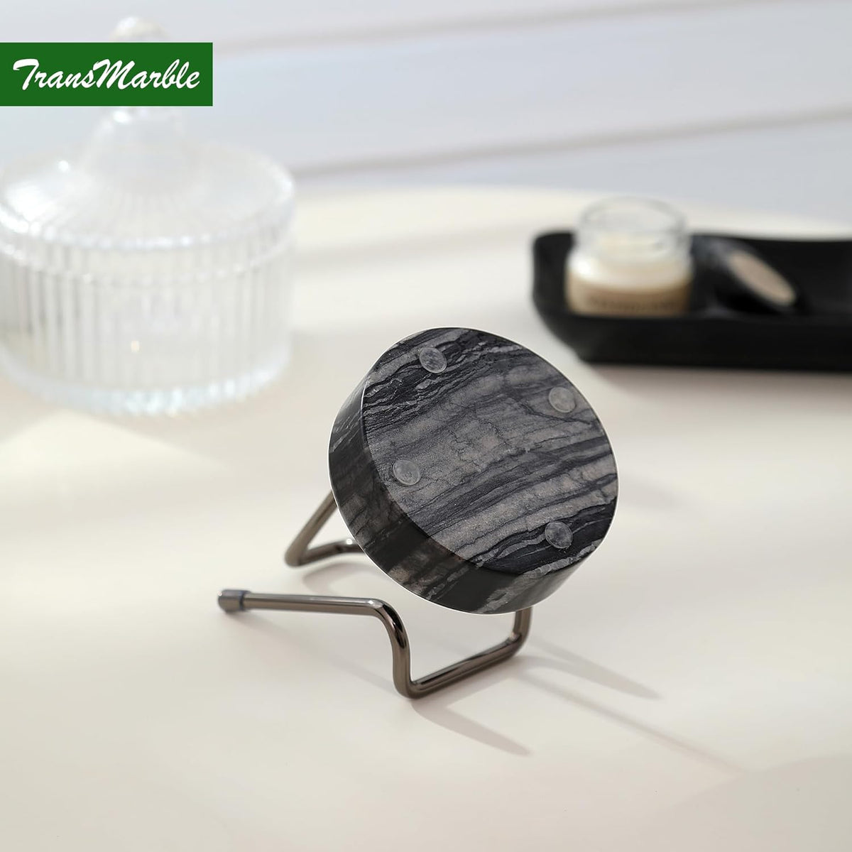 Marble Phone Stand with Metal Holder, Charging Available While Using, Swipe Up to Unlock, Made of Natural Marble as Business Card Holder for Office Desk (Wooden Black + Black)