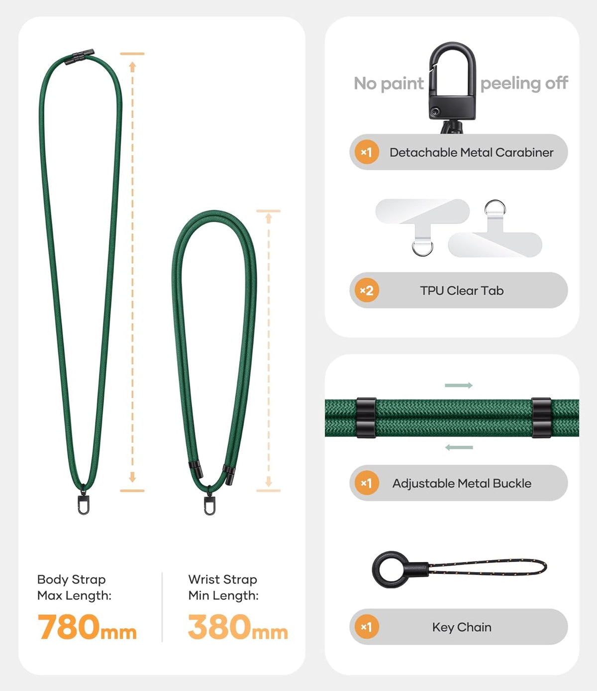 for Phone Lanyard Crossbody with 2X Clear Phone Tabs, Adjustable Anti Theft Phone Strap, Premium Metal Carabiner, Skin-Soft, Wrist Strap for iPhone Samsung Pixel Most Smartphones, Green